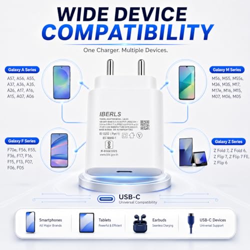 Image of 25W Pd 3A Type-C Super Fast Charging Adapter Compatible with Galaxy M35 /M17 /M17e /M06 /M36 /M07 /M56 /M16 / M55s /M05 /M15 /M55 /Tablet /Galaxy Watch- Charge Your Device with 25 Watt USB C Fast Charger- White