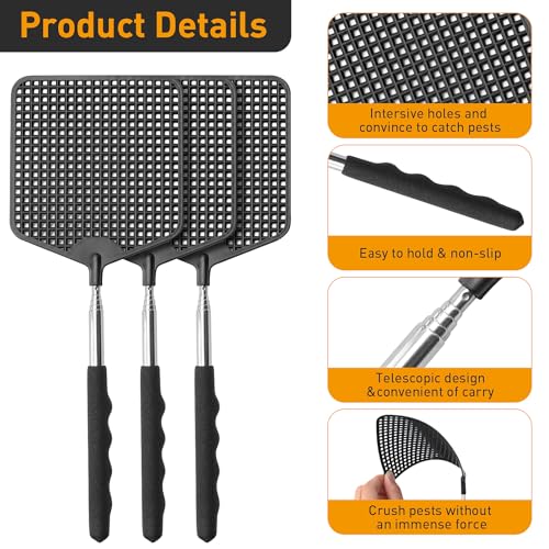 HDAJY Telescopic Fly Swatter 3 Pack, Premium Plastic Fly Swatter, Flyswatters Heavy Duty, Stainless Steel Handle(Black)