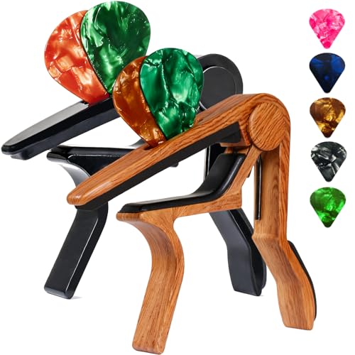 Cejilla para guitarra acústica y eléctrica, cejilla de 6 cuerdas para guitarra acústica y eléctrica (con soporte para púa y 5 púas), ukelelele, mandolina, banjo, accesorios de guitarra (madera + negro