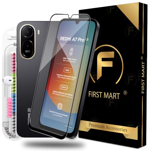 Image of FIRST MART Tempered Glass for Redmi A7 Pro, 15A and Redmi 15C, 9H 0.3 mm Full-Glue Screen Protector with Cable Protector, 3D Edge-to-Edge, HD Clear, Case-Friendly, Black, Pack of 1