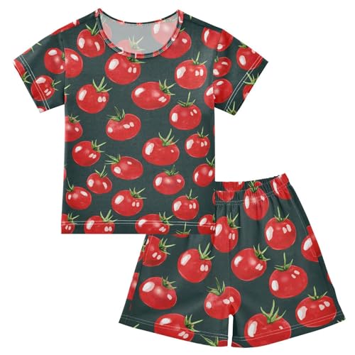 ALAZA Cherry Tomato Black Pajamas Set Short Sleeve Cotton Sleepwear Summer Pjs 2 Piece 5-14Y