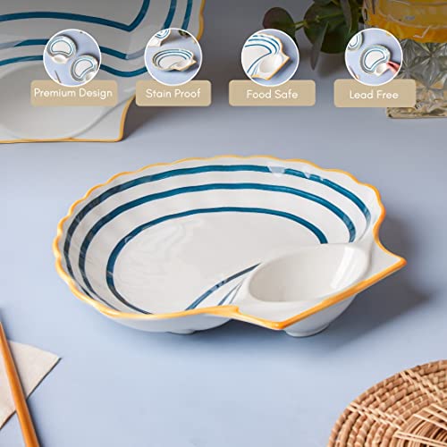 Image of Nestasia Set of 2 Ceramic Shell-Shaped Snack Plate with Dip Section for Chutney | Microwave & Dishwasher Safe Starter Plates | Perfect for Fries, Momos, Sushi, Kebab (White & Blue)