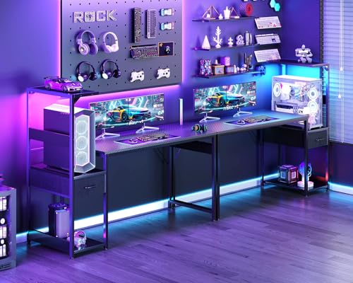 Image of Casaottima 54'' Gaming Desk with LED Lights & CPU Stand, Reversible Computer Desk with Storage Shelves & Fabric Drawer, Modern PC Gamer Table with Headphone Hook, Carbon Fiber Black