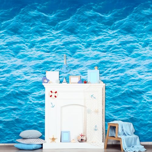 Image of Irenare 1 Roll Ocean Plastic Tablecloth 54 Inch x 100 ft Blue | Water Waves Print, Disposable Table Cover for Under the Sea Theme Decoration Beach Pool Party, Birthday Baby Shower Supplies
