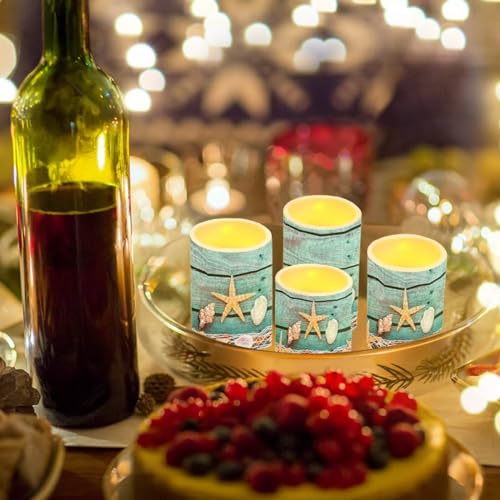 Image of Flameless Light Candles Battery Operated Candles with Color Changing Timer Remote Control Fake Pillar Candle Tealights Home Indoor Beach Coastal Decoration, Starfish Shell Wood Grain