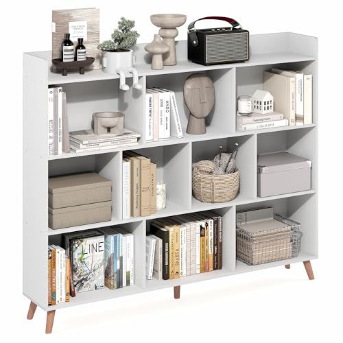 Image of Furinno Claude Book Shelf, 10-Cube Mid Century Style Bookshelf, Bookcase, Storage Organizer with Wood Legs, 9.4 inch x 55.1 inch x 45.1 inch, for Living Room, Bedroom, Home Office, White