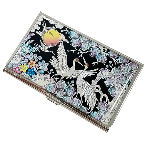 Mother of Pearl Business Card Case Credit Id Name Holder Travel Wallet Art Painting Design Metal Stainless Steel Engraved Slim Purse Pocket Cash Money Wallet (Crane)3