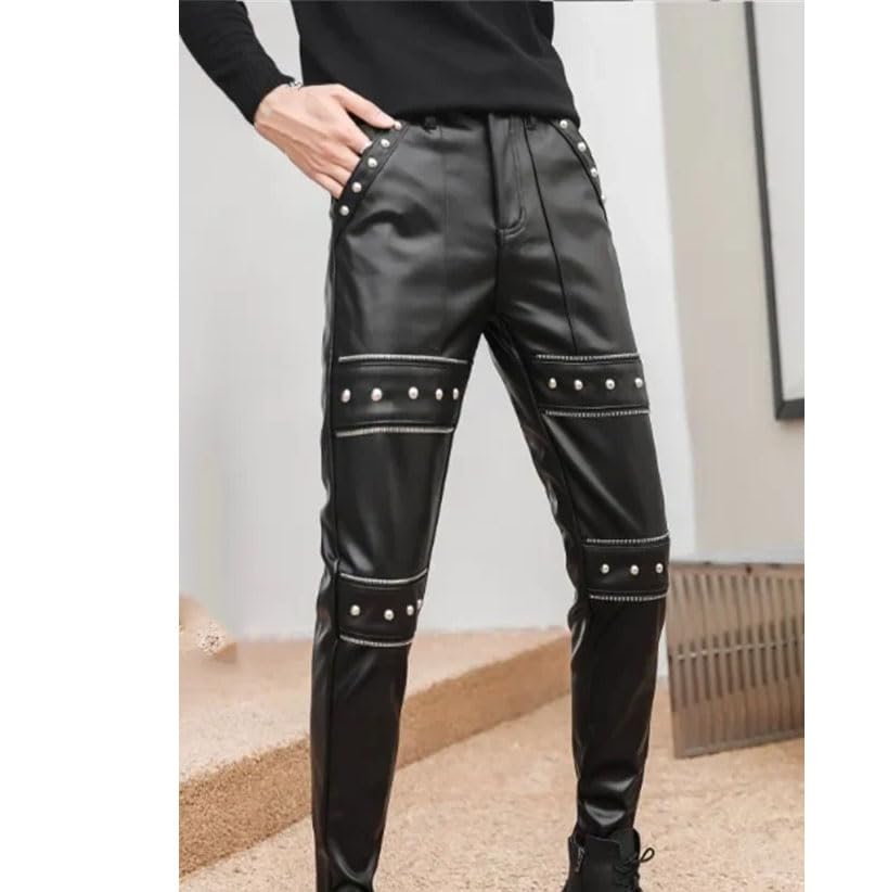 Men's Faux Leather Skinny Biker Pants Slim Fit Stage Club Motorcycle Trousers3