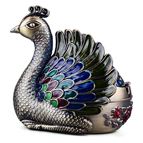K COOL Peacock Metal Ashtray with Lid, Windproof Portable Cigarette Ashtray for Indoor or Outdoor Use, Ash Holder for Smokers, Desktop Smoking Ash Tray for Patio Porch Reception Decoration (Bronze)