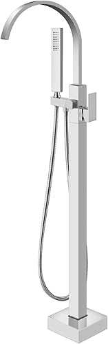 Aolemi Grifo de bañera cromado pulido para montaje en el suelo, relleno de bañera independiente para baño, cascada, grifo de latón, boquilla