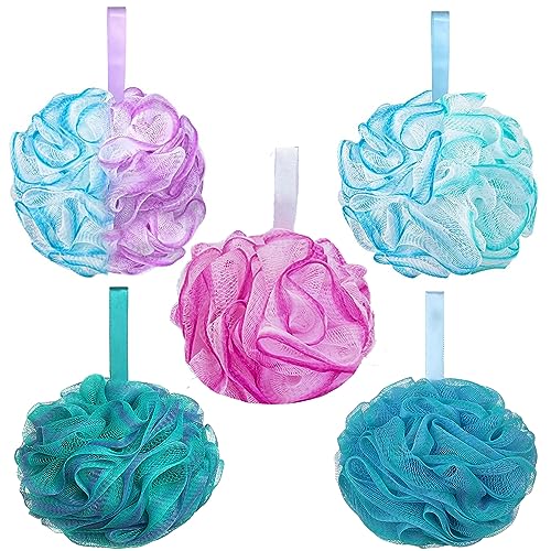 YUEMING 5 Piezas Esponja de Ducha, Esponja de Baño en Grandes Colores, Esponja de Lavado para la Ducha, Esponja Corporal, Tejido de Malla, Exfoliante, Limpieza, Calma la piel