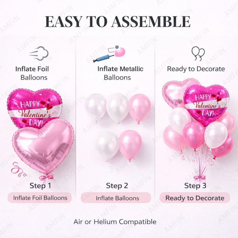 Image of AMFIN (Pack of 9) Happy Valentine's Day Balloon Decoration Set | Romantic Heart Foil Bouquet Metallic Helium Bunch Proposal Anniversary Celebration Party Decor - Pink White