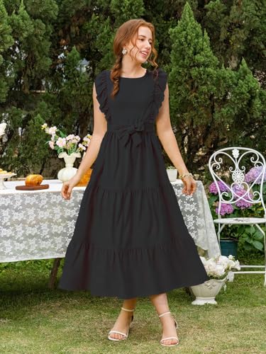 Girls Summer Dresses Ruffle Sleeve Dress A Line Swing Belted Casual Solid Color Party Dress 6-14 Years4