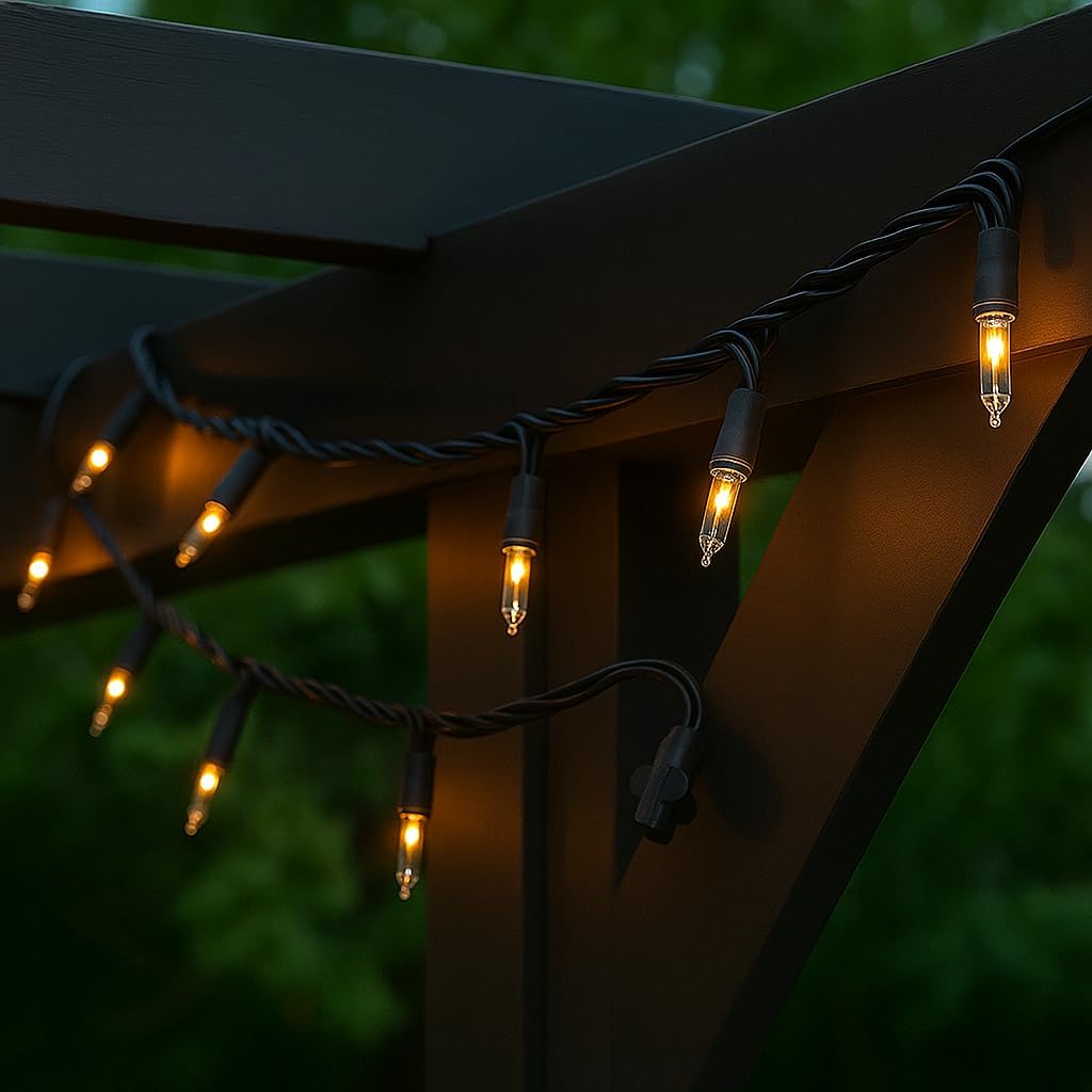 Novelty Lights RetroGlo® LED Mini Lights, 100 Clear Bulbs on Black Wire, 50ft with 6 inch Spacing, Incandescent Look with Modern Efficiency, 2700K Warm White Core, Interchangeable Bulbs