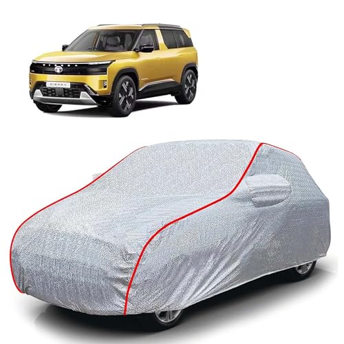 Image of Sulfar 100% Waterproof Car Body Cover Compatible with Mirror for Tata Sierra (Triple Stitched, Full Bottom Elastic, Magic Silver with Red Piping)