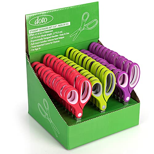 Doto Kids Scissors (36 Count Teacher Pack, Rounded-tip, 5.6 Inch) - 5.6â€™â€™ Soft Touch Blunt School Student Scissors Shears DT-003-R-I (Pack of 36)