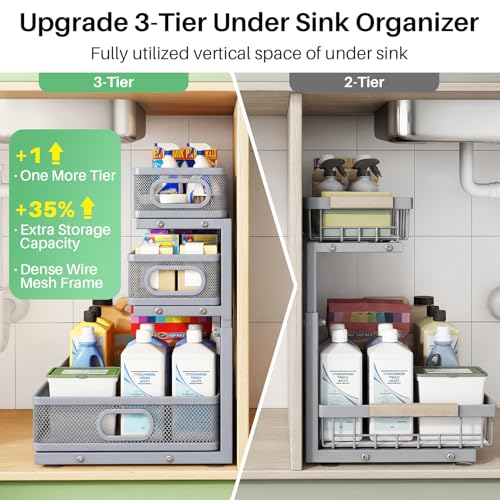 Image of Kitstorack Under Sink Organizer, 1-Pack 3-Tier Height Adjustable Thickened Metal Pull out Cabinet Organizer Shelf, Slide out Storage Drawer Rack for Bathroom Kitchen Pantry Home Organization, Grey