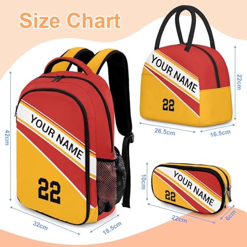 Custom Kids Backpack with Name Personalized Schoolbag Set with Lunch Box Pencil Case for 6-8 10-12 14-16 Back to School Gift (Red Yellow)2