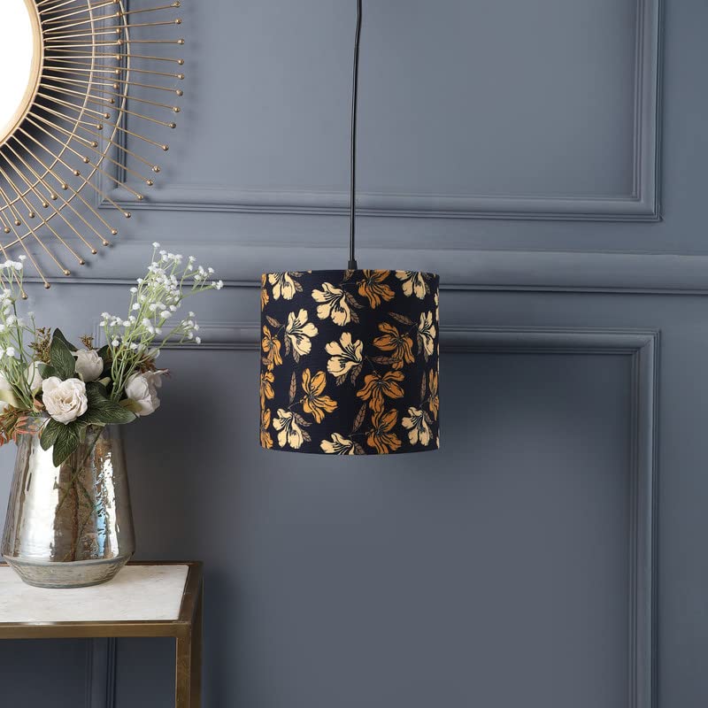 Image of Golden Floral Classic Hanging Pendant Lamp Shade, Decorative Light for Living Room, Home, Bedroom, Home Decor with Black Canopy - Pack of 1 (8.5 x 8.5 Inches)