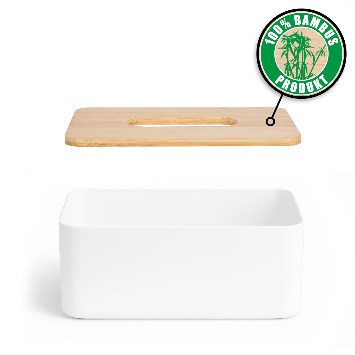 COM-FOUR® Pudelko na chusteczki kosmetyczne z tworzywa sztucznego z bambusowa pokrywka - Pudelko na chusteczki do lazienki, sypialni i salonu - podajnik reczników (1 sztuka - bambus bialy)