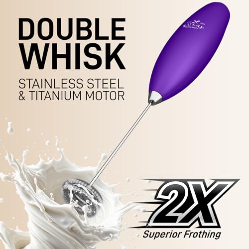 Image of Zulay Kitchen Powerful Milk Frother Wand With Duracell Batteries - Ultra Fast Handheld Drink Mixer - Electric Whisk Foam Maker for Coffee, Lattes, Cappuccino & Matcha - Double Whisk - Purple