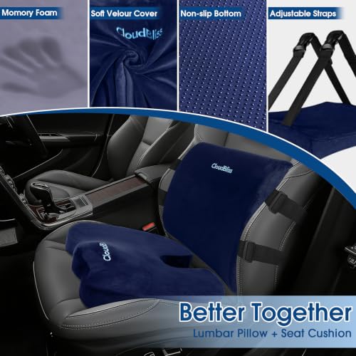 Image of CloudBliss Lumbar Support Pillow & Seat Cushion Set for Office Chair, Desk Chair, Wheelchair & Car-Memory Foam Back Support,Ergonomic Chair Cushions, Sciatica Pain Relief,Home Essentials(Blue,XL)