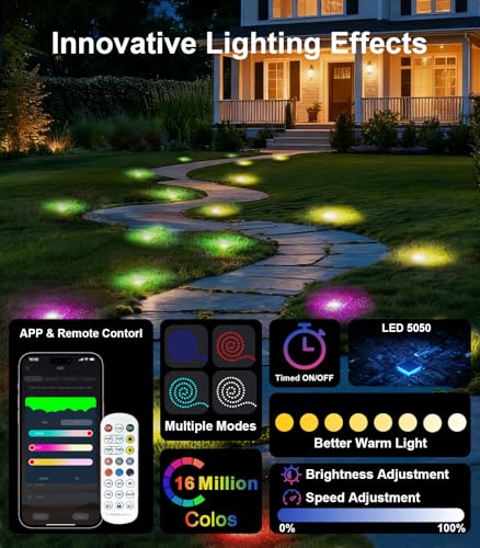 100Ft RGB Ground Lights Outdoor LED Pathway Lights, Multi Color Changing Christmas Decor Waterproof Walkway Lighting for Outside Garden Back Yard Lawn Driveway Patio Landscape Lighting, Smart Control