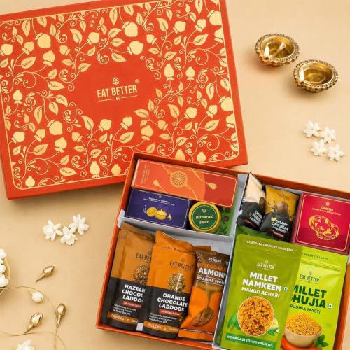 Image of Eat Better Co - 18-Item Rakhi Gift Hamper For Brother - Tyohaar - Chocolate Coated Almonds, Hazelnut Dry-Fruit Laddoos, Premium Evil-eye Rakhi | Rakhi for Brother with Gift Combo Set