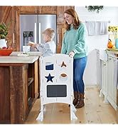 Guidecraft Classic Kitchen Helper Stool - White with 2 Keepers and Non-Slip Mat: Foldable, Adjus...