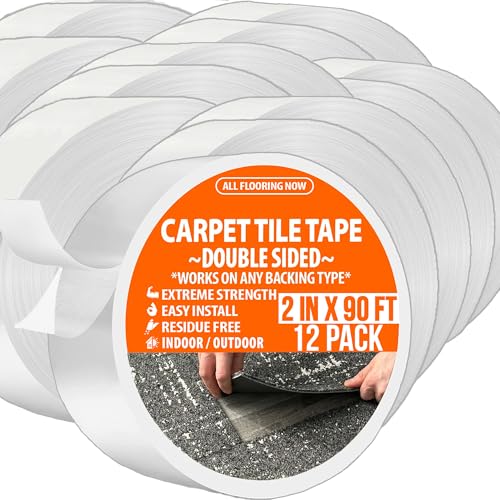 Image of Carpet Tile Tape Double Sided 2in x 90ft (Bulk 12 Pack) Heavy Duty Reinforced Web Mesh Residue Free Indoor Outdoor for Carpet Tiles, Hardwood, Vinyl, Rugs, Carpet, Rubber, Mat Gripper