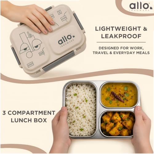 Image of Allo Bento Stainless Steel Lunch Box for Adult- BIS Approved, 304 Stainless Steel 3 Compartment Leakproof Tiffin Box for Boys and Girls for School, Travelling, Office, 740ml Beige