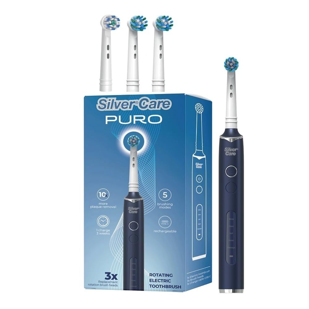 SilverCare Puro Spazzolino Elettrico Rotante, 5 Modalità di Spazzolamento, 3 Testine di Ricambio, Ricaricabile USB-C