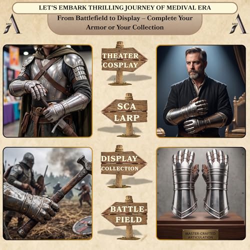 Image of AnNafi Armor Gauntlets Steel Gloves w Brass Accents Armor Pair, Medieval Knight Costume, Warrior Metal Gauntlet (STYLE 3)