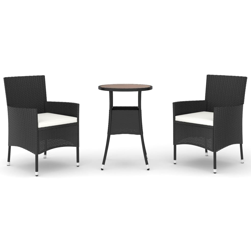 Fengshui Set da giardino da 3 pezzi, in polyrattan nero, con cuscino | Telaio in acciaio verniciato a polvere, resistente alle intemperie, facile da pulire, 110 kg per sedile