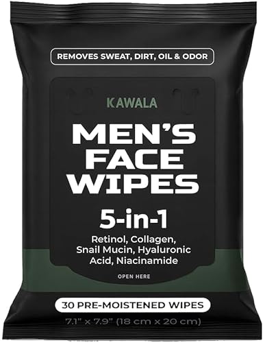 KAWALA Mens Face Wipes 5-in-1 Anti-Aging Face Cleansing Wipes for Men with Retinol, Collagen, Snail Mucin, Hyaluronic Acid & Niacinamide – Alcohol-Free for Oily or Acne-Prone Skin Woodsy Scent