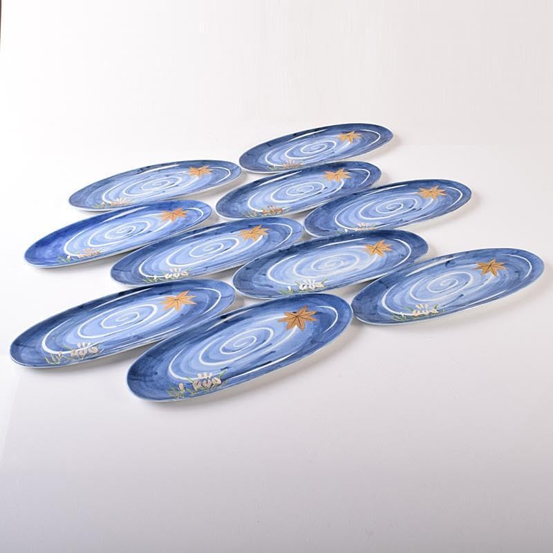 肥前有田焼 泉寿堂謹製 染錦 紅葉菖蒲文 楕皿 十客 共箱 M R8139B 肥前