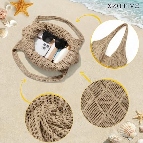 Image of XZQTIVE Crochet Tote Bag for Women Mesh Beach bag for Summer Vacation Aesthetic Hobo Knit Shoulder Bag