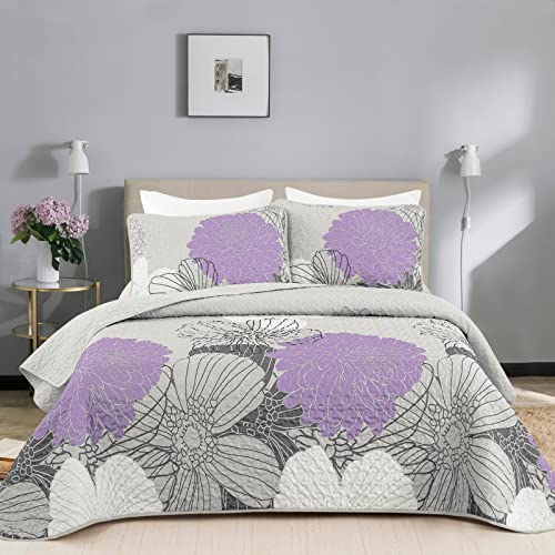 Purple Floral Pattern Quilt Set King Size Grey Boho Bedspread 3 Pieces Coverlet Soft Lightweight Bed Cover With 2 Pillow Shams For All Season 90"X104" #TOP3