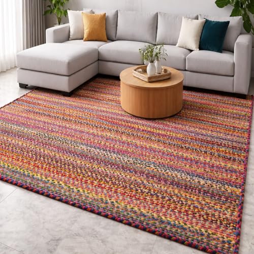 Image of Handwoven Jute Square Rug, Natural Fibres, Braided Reversible Carpet for Bedroom Living Room Dining Room (Multi, 5X7 Feet) Design 10