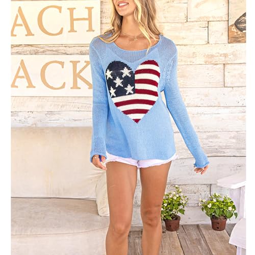 Image of Women American Flag Sweater Loose Vintage USA Sweatshirt Long Sleeve Crewneck Hollow Out 4th of July Jumper