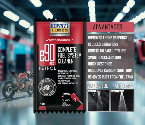 Image of Petrol Fuel Additive for Car & Bike | Mileage Booster & Injector Cleaner | Improves Pickup & Engine Smoothness | E20 Compatible Petrol Treatment | Han Lubes E90 (5ml x 10 Sachets)