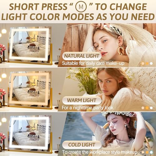 Image of ROLOVE Vanity Mirror with Lights 22 inchx18 inch, Lighted Makeup Mirror with 10X Magnification, Smart Touch 3 Colors Dimmable, 360 Rotation, Women Gift, Dresser Mount, Bathroom (Gold)
