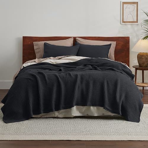 Image of Bedsure 100% Cotton Blanket Full Size for Bed - Breathable and Soft for Summer, Thick Cozy Waffle Weave Blanket Gifts for Women, Black, 80x90 Inches