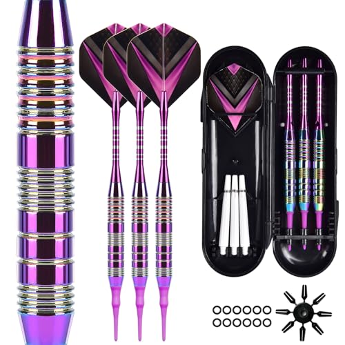 Mhekrep Dardos con punta de plástico de 21 gramos, juego de 3 dardos profesionales blandos, accesorios para dardos electrónicos con caja de almacenamiento (morado)