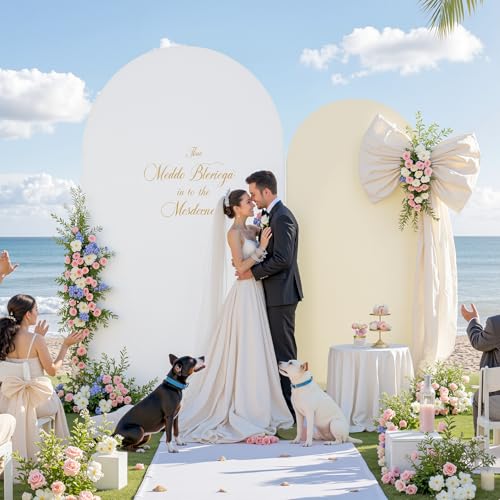 Image of White and Beige Arch Cover Set of 2-7.2FT and 6FT Arch Backdrop Cover Spandex Fitted Wedding Balloon Arch Stand Covers for Bridal Shower Wedding Baby Shower Birthday Party Ceremony Photo Background
