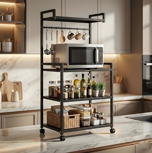 Image of 4 Tier Heavy Duty Microwave Stand with Wheels | Metal Kitchen Appliance Rack for Oven, OTG, Air Fryer | Storage Organizer Trolley (MS 4 Black)