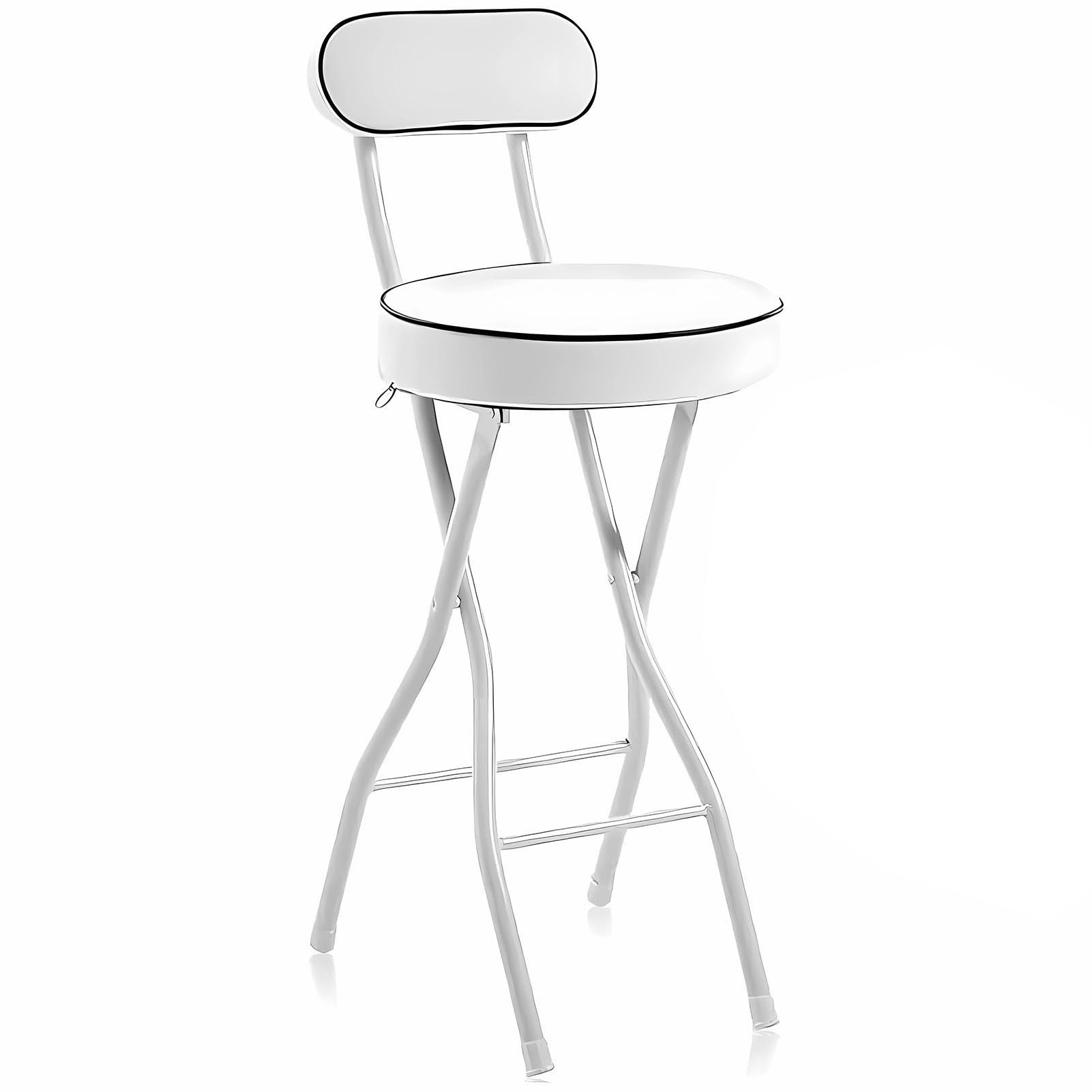 22/24/26-Calowy Przenośny Składany Stołek Barowy z Oparciem, Okrągły, Wyściełany, Składany Kuchenny Fotel do Domu, Biura(White,60cm/24in)