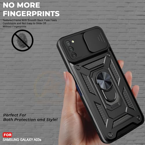 Image of Armor Bumper Back Cover Case for Samsung Galaxy A03s Rotating Camera Cover, Ring Holder & Kickstand | Heavy Duty & 360 Degree Protection Samsung Galaxy A03s Back Cover (Black)