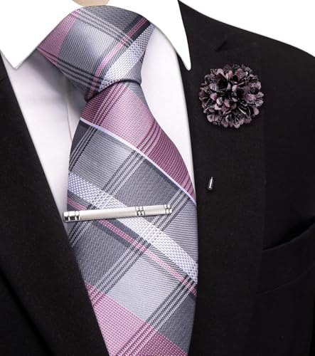 Image of Hi-Tie 63 inches Striped Paisley Extra Long Ties for Men Silk Necktie with Lapel Pin Tie Clip Big and Tall Men Formal Wedding
