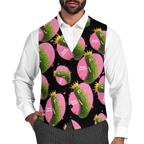 Pickle Princess Funny Pickle Cucumber Men's Suit Vests Dress Vest V-Neck Waistcoat Slim Business Formal with Pocket